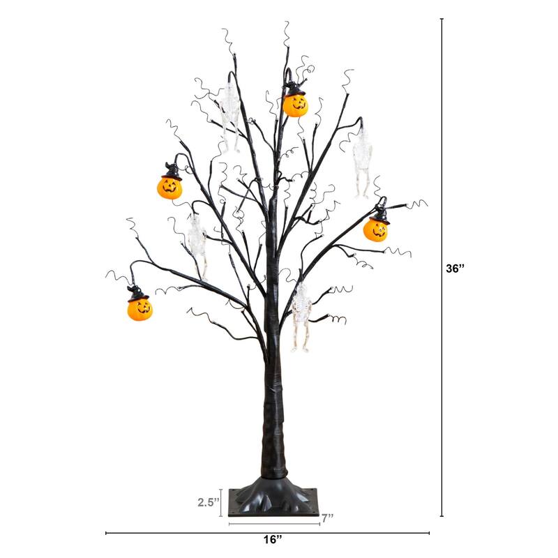 Pre-Lit Pumpkins and Skulls Artificial Halloween Twig Tree - 3' - LED Lights