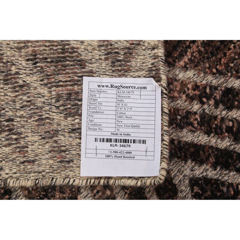 Geometric Moroccan Oriental Foyer Rug Hand-Knotted Brown Wool Carpet - 2'0"x 3'0"