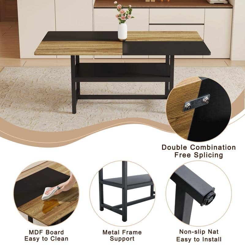 Modern 9-Piece Wood & Black Dining Table Set with Storage and 8 PU Leather Chairs