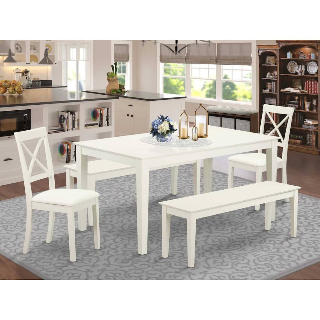 HomeStock 5-Piece Rectangle Linen White Finish Solid Wood Top Dining Table with 2 Benches, 2 Chairs with Lattice Back