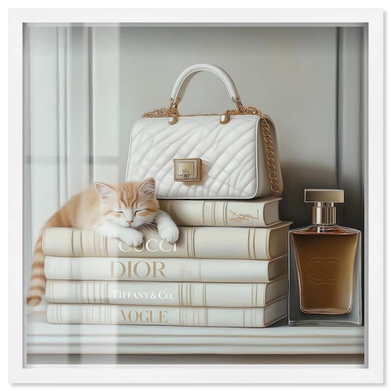 Ivory Books and Kitten Shadowbox by Art Remedy - White - 16" x 16"