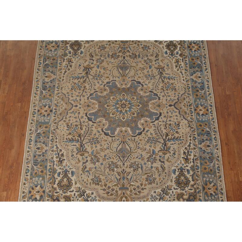 Tabriz Persian Vintage Rug Handmade Traditional Beige Wool Carpet - 6'10"x 9'10"