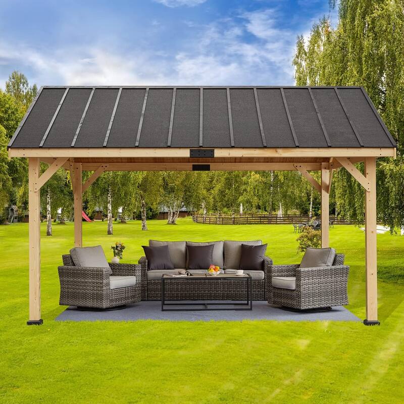 EROMMY Hardtop Asphalt Roof Spruce Wood Gazebo - 13'x16' - Wood-Prime