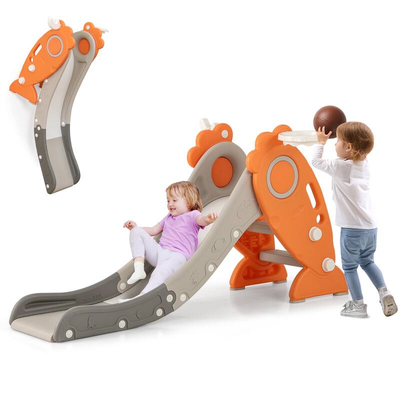 4 in 1 Indoor Slide for Kids Age 3+ Years with Basketball Hoop and Rings-Orange - Multi