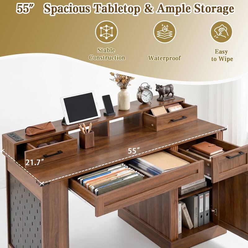 55" Farmhouse Office Desk Workstation with Storage Cabinet, Computer Writing Desk Table with Charging Station, Keyboard Tray