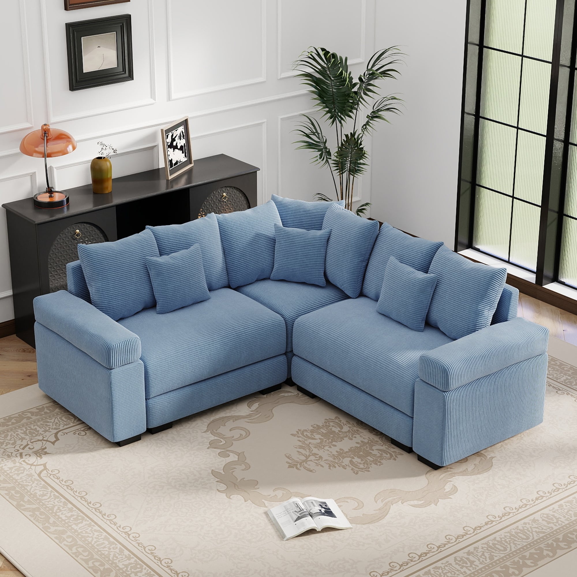 GDFStudio - Corduroy L-Shaped 3-Seater 79.1" Cloud Modular Sectional Couch