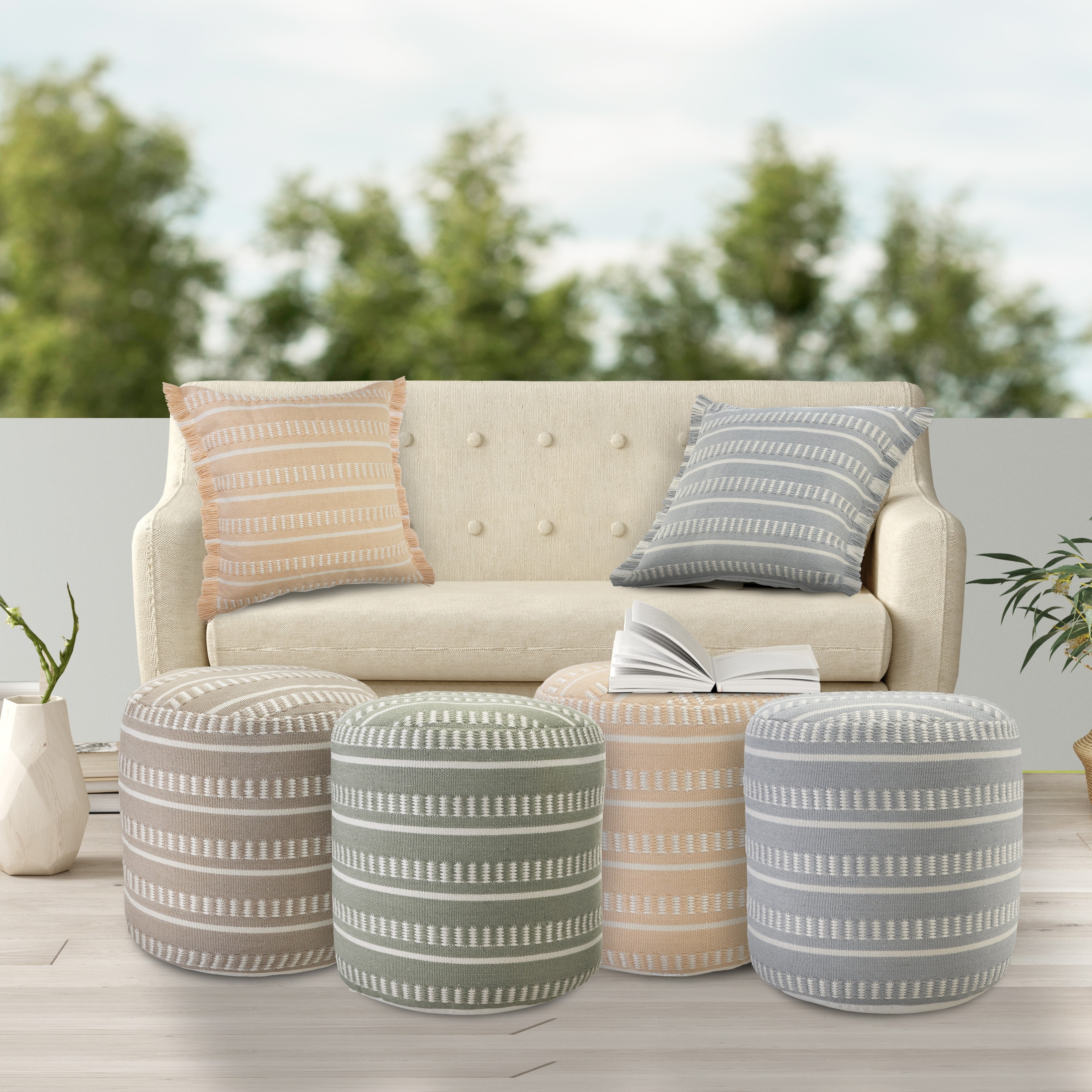 Sevita Dash and Stripe Geometric Indoor Outdoor Pouf - 20" x 20" x 20"