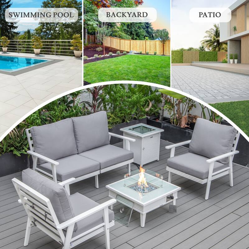 Walbrooke Polyester Upholstered Aluminum Powder Coated Outdoor Patio Furniture Set with Fire Pit Table