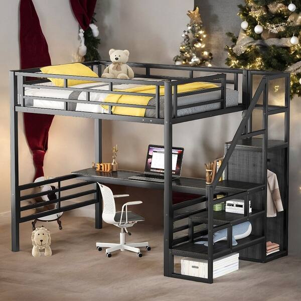 slide 2 of 14, Full Size Metal Loft Bed with Desk, Staircase and Small Wardrobe, Black Black
