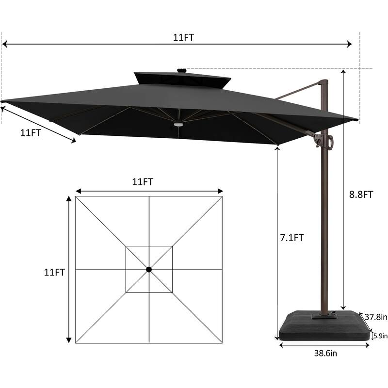 11 FT Square Outdoor Patio Cantilever Umbrella with Solar Lights 4-Piece Premium Base Double Canopy 360 Rotation Tilt