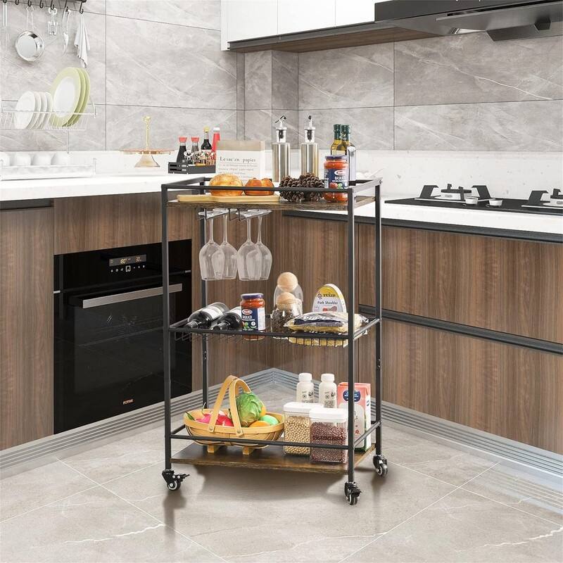 3 Tier Home Bar Serving Cart Kitchen Storage Carts with Wheels - 13.39"D x 22.83"W x 36.02"H - Brown-big