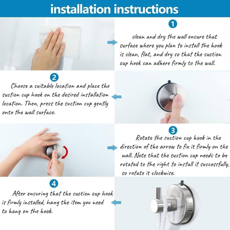 Bathroom Suction Cup Hooks 4 Piece Set 304 Stainless Steel 15lb Shower Hooks
