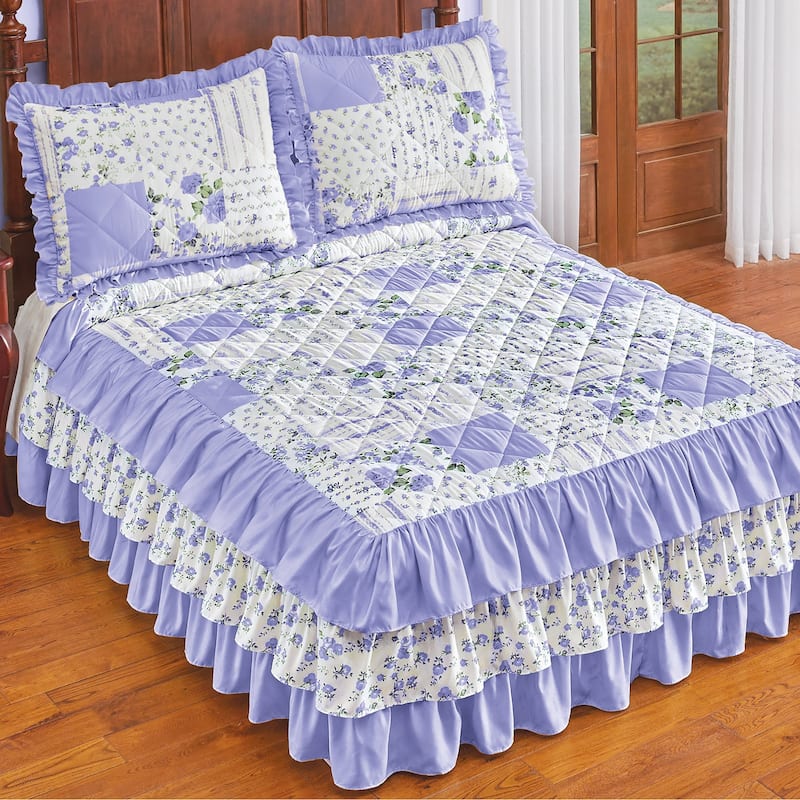 Beautiful Floral Patchwork Ruffled Quilt Top Bedspread - Periwinkle - Full