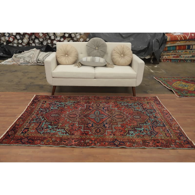 Hand Knotted Oriental 100% Wool Carpet Traditional Medallion Oranges & Rust Heriz Area Rug - 6' 11'' X 4' 7''