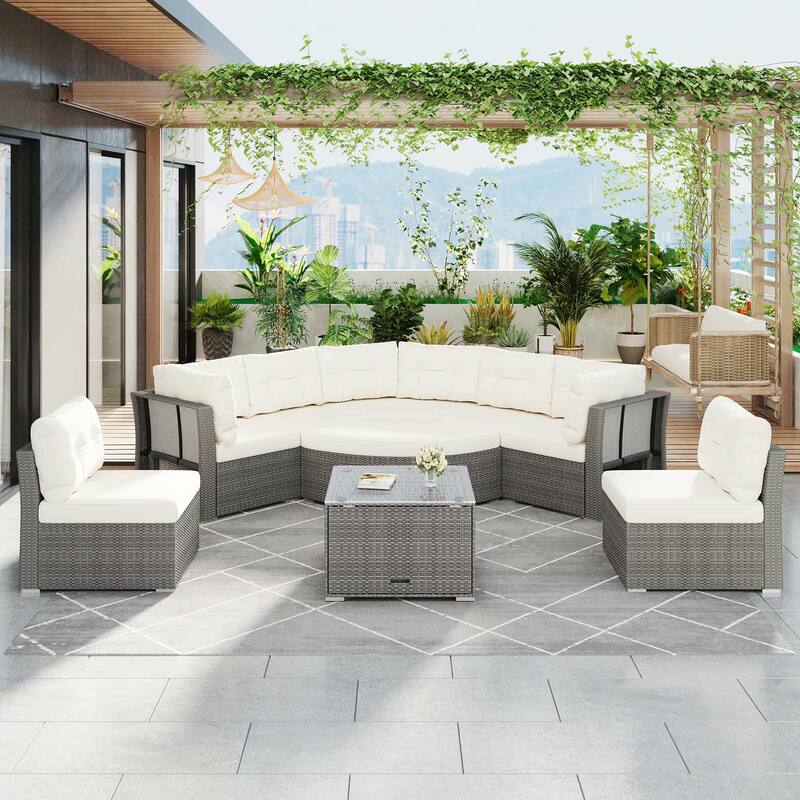 Outdoor Wicker Curved Daybed Sectional Sofa Set with Storage Table - Beige