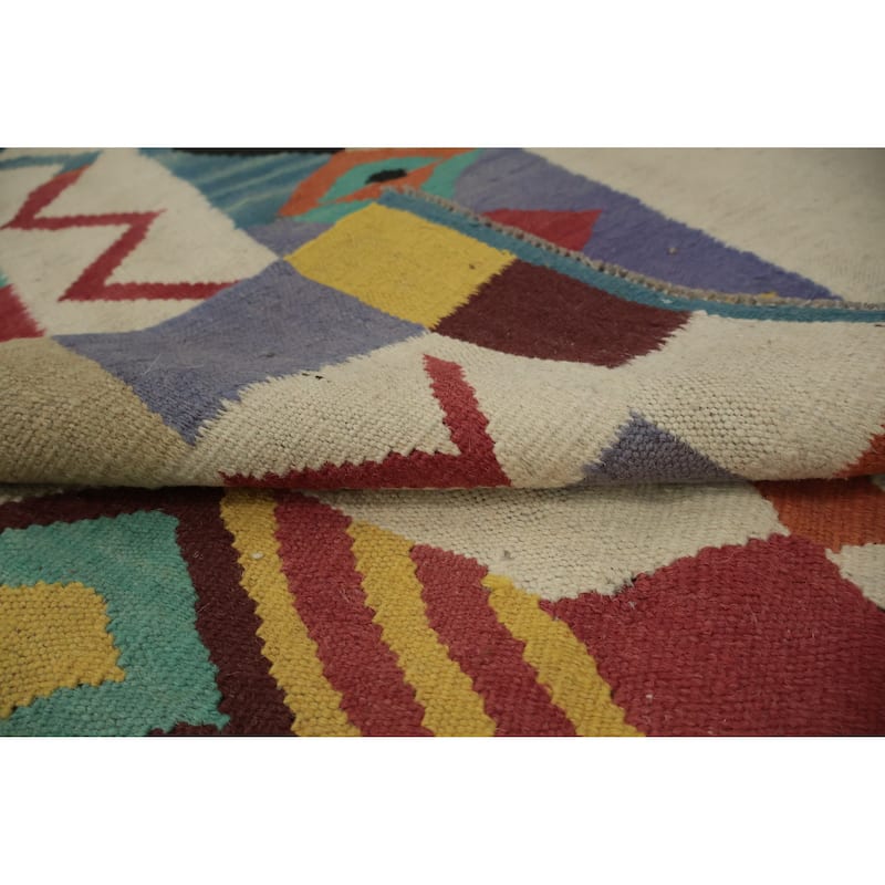 Hand Woven Oriental 100% Wool Carpet Southwestern Modern Beige & Ivories Kilim Area Rug - 12' 0'' X 5' 1''