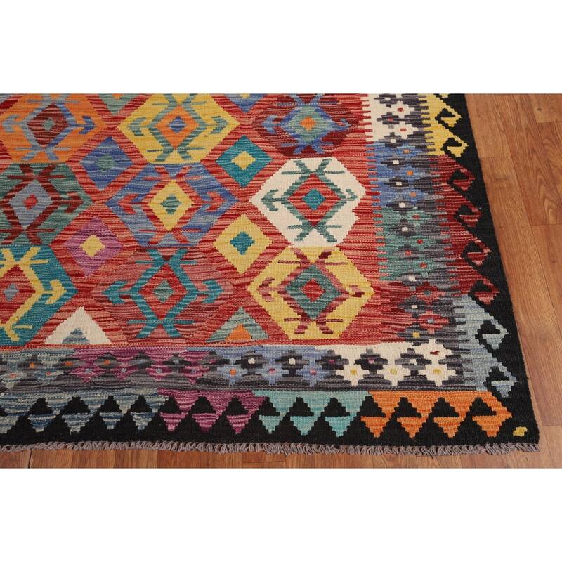 Multi-Color Geometric Kilim Area Rug Flatweave Wool Carpet - 8'5" x 9'6"