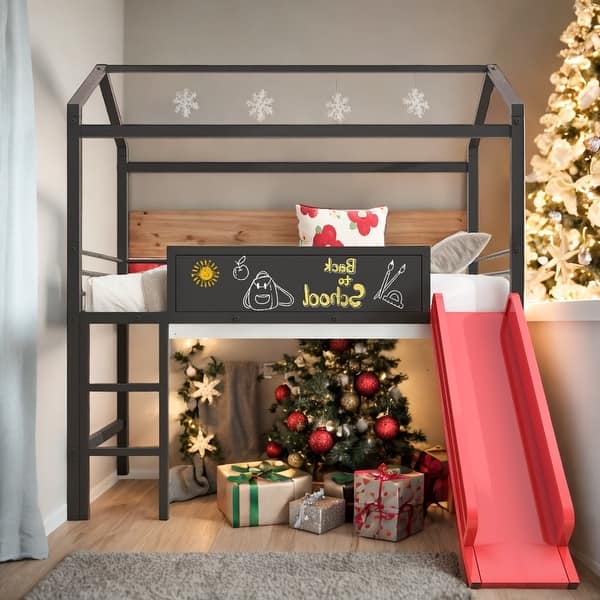slide 2 of 15, Twin Size Metal House Bed With Slide,Black and Red Multi-Functional Children's Loft Bed Black+Red