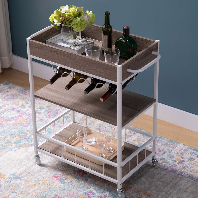 "Brown & White Kitchen Cart with 3-Tier Storage, Four Wine Bottle Rack, and Locking Wheels" - taupe