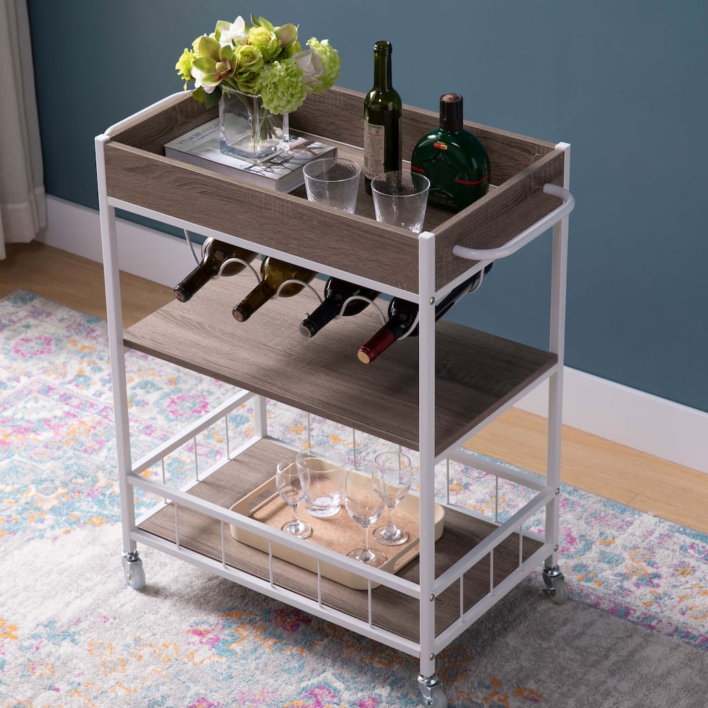 "Brown & White Kitchen Cart with 3-Tier Storage, Four Wine Bottle Rack, and Locking Wheels"