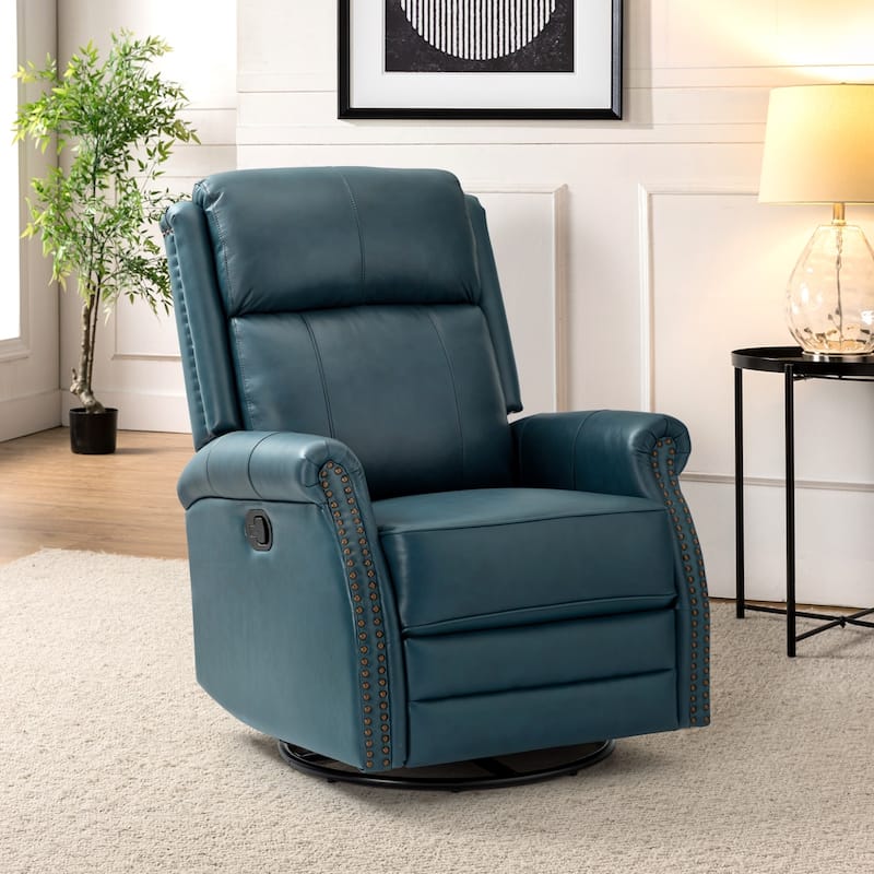 Alina Modern 20''w Genuine Leather Swivel Rocker Nursery Manual Recliner Chair with Rolled Arms by HULALA HOME - TURQUOISE