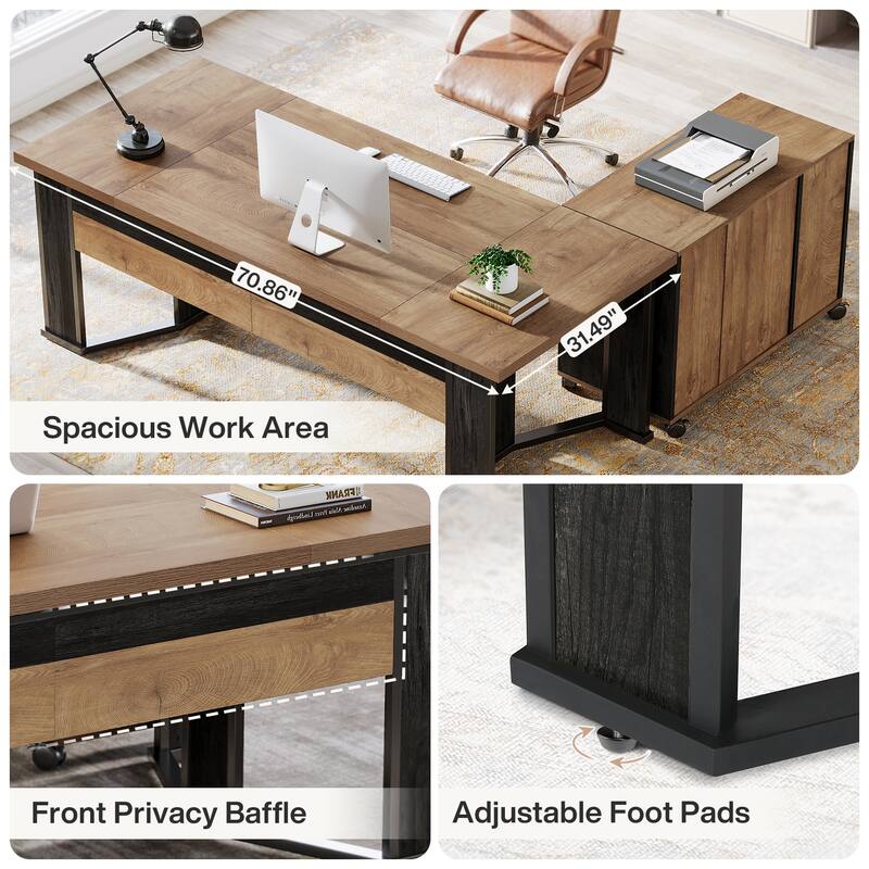 Brown Wood L Shaped Executive Desk Computer Desk with File Cabinet
