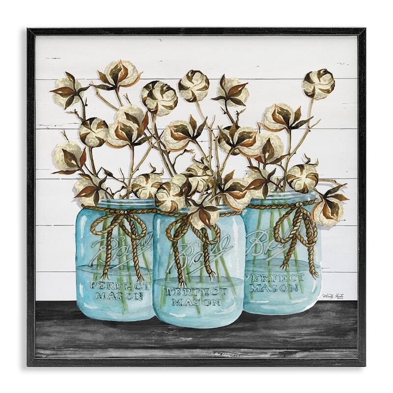 Stupell Cotton in Mason Jars Rustic Illustration Planked Look, 12 x 12, Design By Artist Cindy Jacobs - 12 x 12 - Black