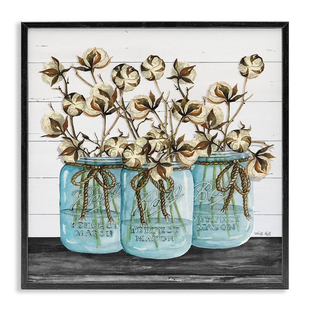 Stupell Cotton in Mason Jars Rustic Illustration Planked Look, 12 x 12, Design By Artist Cindy Jacobs