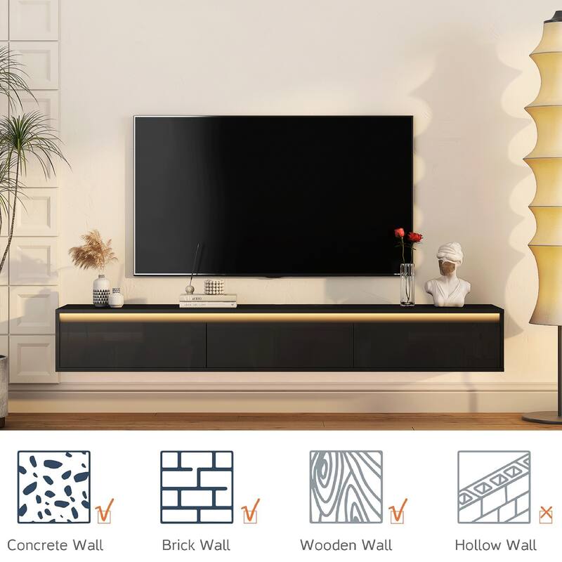 Modern Floating Wall-Mounted TV Stand with High-Gloss TV Stand, featuring LED Lights and Power Outlets, for Living Rooms