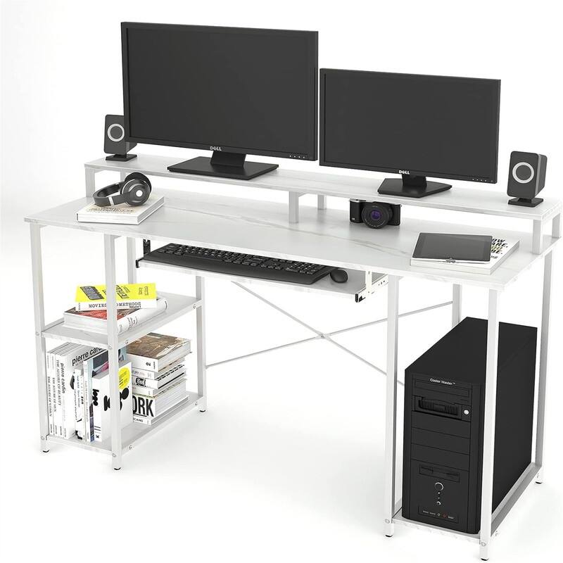 Computer Desk with Storage Shelves - White Marble Texture