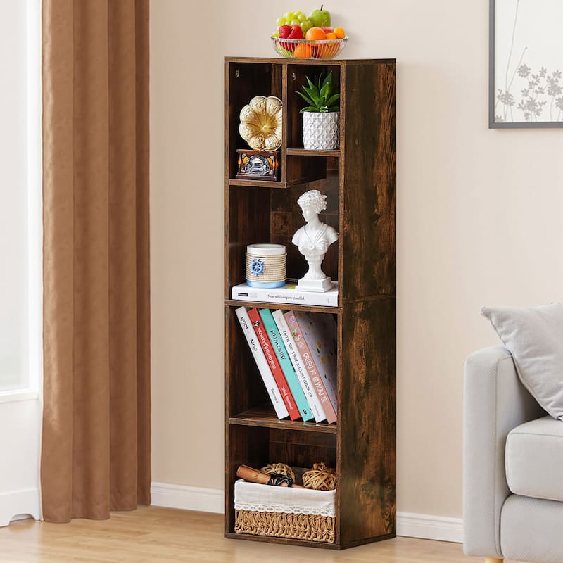 VECELO Wood Organizer Bookcase,Fits Tallest Hardcovers, Customized Storage Display Shelf, Free Standing for Living Room, Bedroom - 5 Cube - Brown