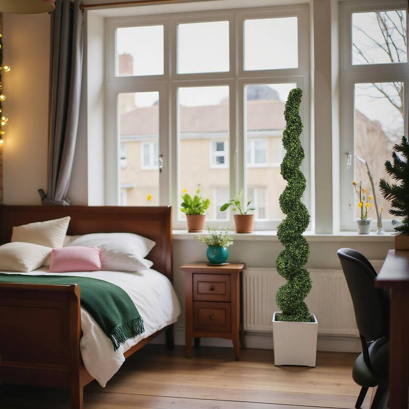 7FT Spiral Topiary Trees Artificial Faux Boxwood Plants Large Twisted Green Potted Trees with Light Green Leaves,1pc/set