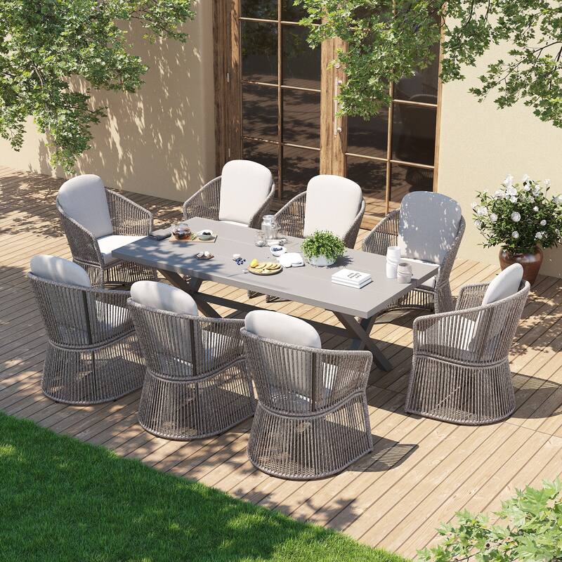 9-Piece Outdoor Dining Set - Weather-Resistant Aluminum Table with X-Leg Stability & PE Rattan Chairs