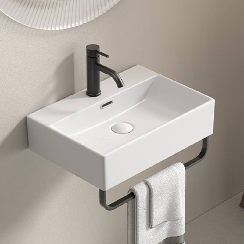 GDFStudio - Vale Modern Ceramic Wall Mounted Vessel Sink with Integrated Towel Bar and Faucet Hole