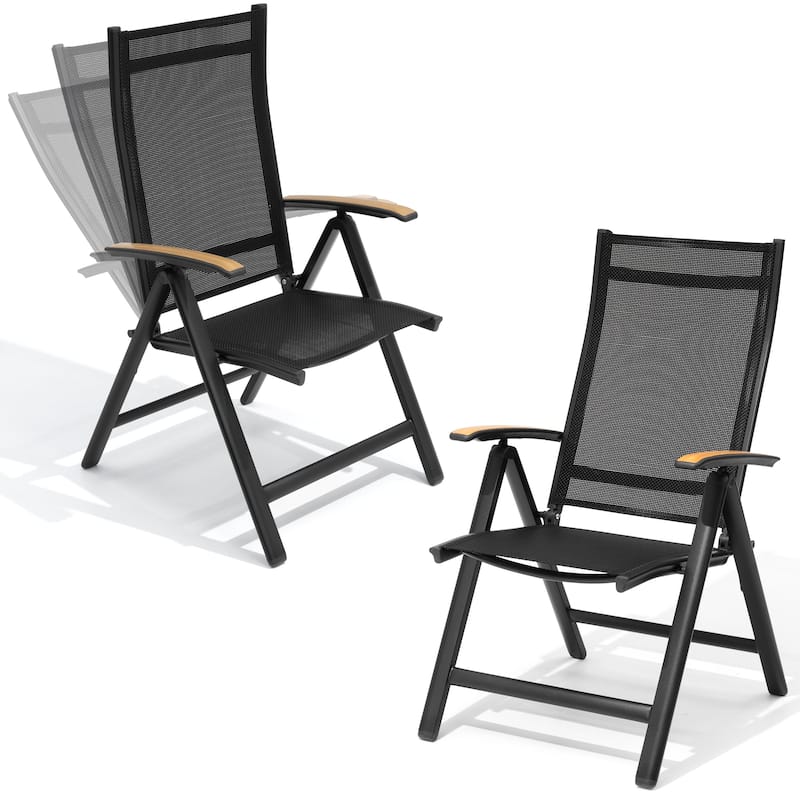 Outdoor Patio Aluminum Folding Chairs Set with Adjustable Backrest, Solid Wood Armrest - Black - 2PC