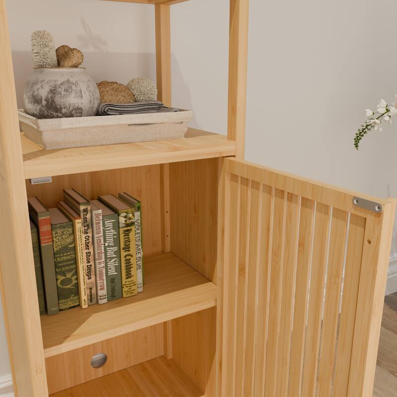 Anmytek 41 Inch Bamboo Tall Storage Cabinet, Single Door Floor Cabinet with Shelf for Bathroom Living Room