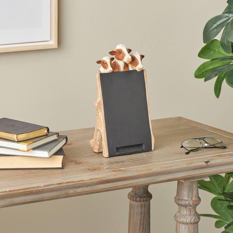 Black Polystone Chalkboard Cow Decorative Sign with Brown Tree Trunk Frame