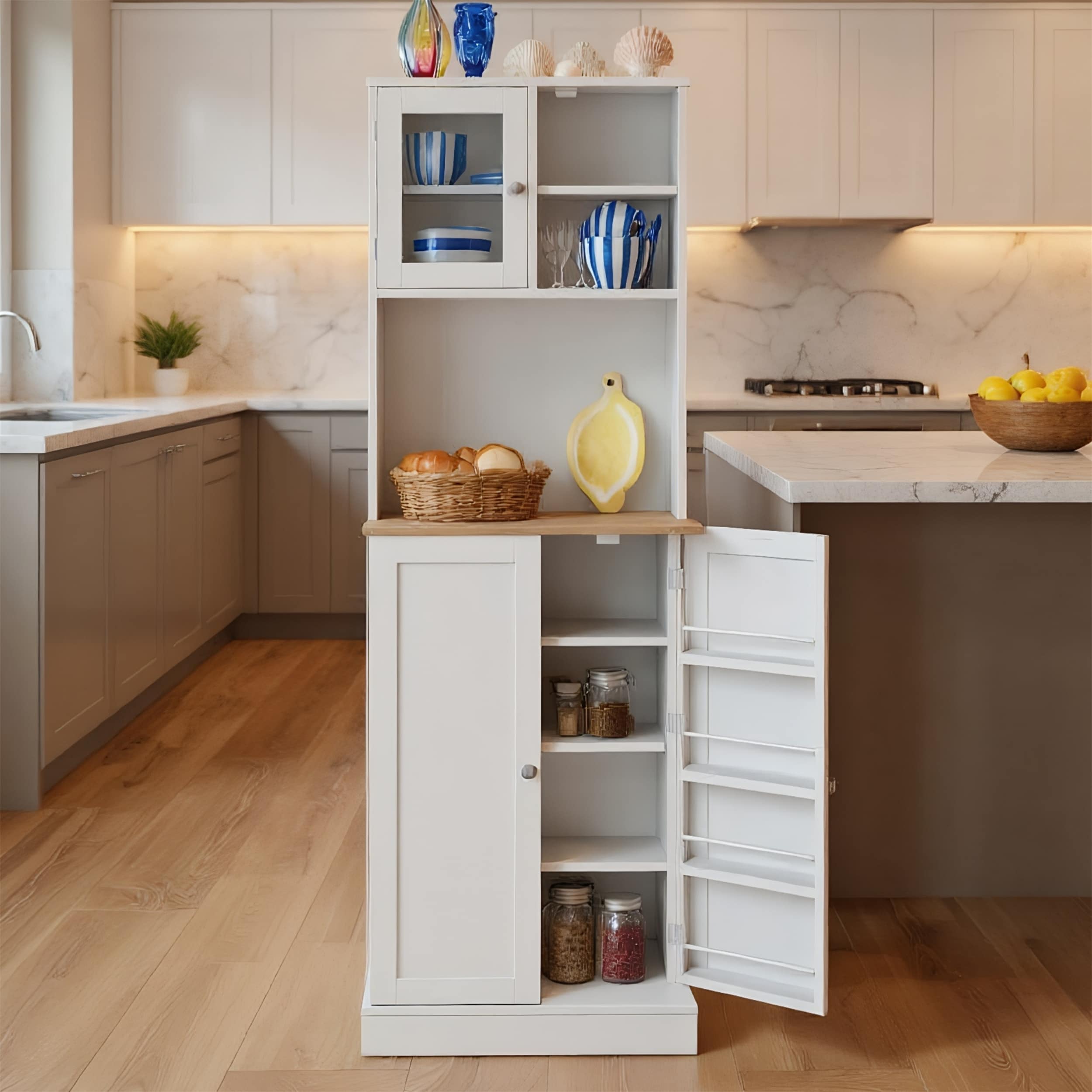 66.5" Kitchen Pantry Cabinet with Shelf, 8 Spice Racks & Glass Doors