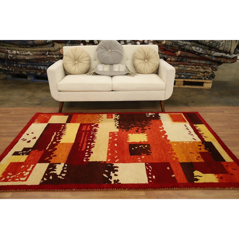 Hand Knotted Oriental 100% Wool Carpet Modern Geometric Oranges & Rust Gabbeh Area Rug - 7' 4'' X 5' 0''