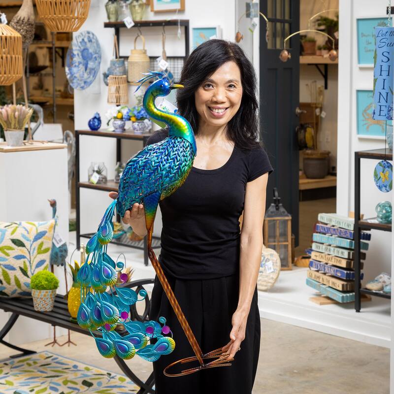 Solar Metal Vibrant Peacock Statue, 33"H