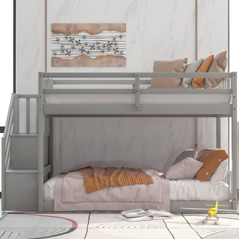 Twin over Twin Floor Bunk Bed with Storage Ladder, Gray