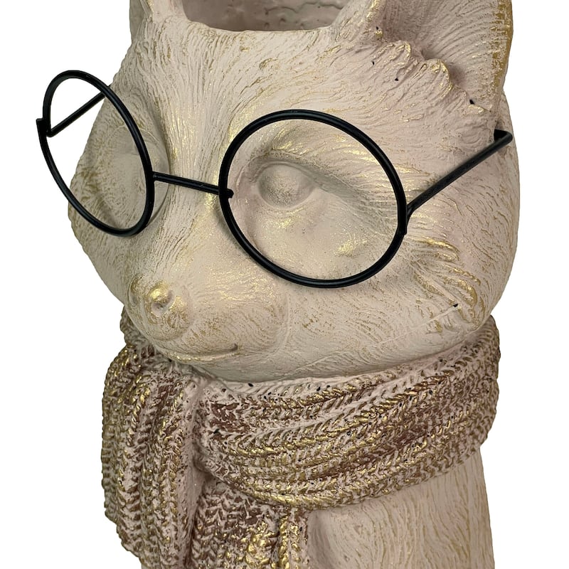 Bespectacled Fox Cement Vase 8.25In Cute Fox Planter, Animal Flower