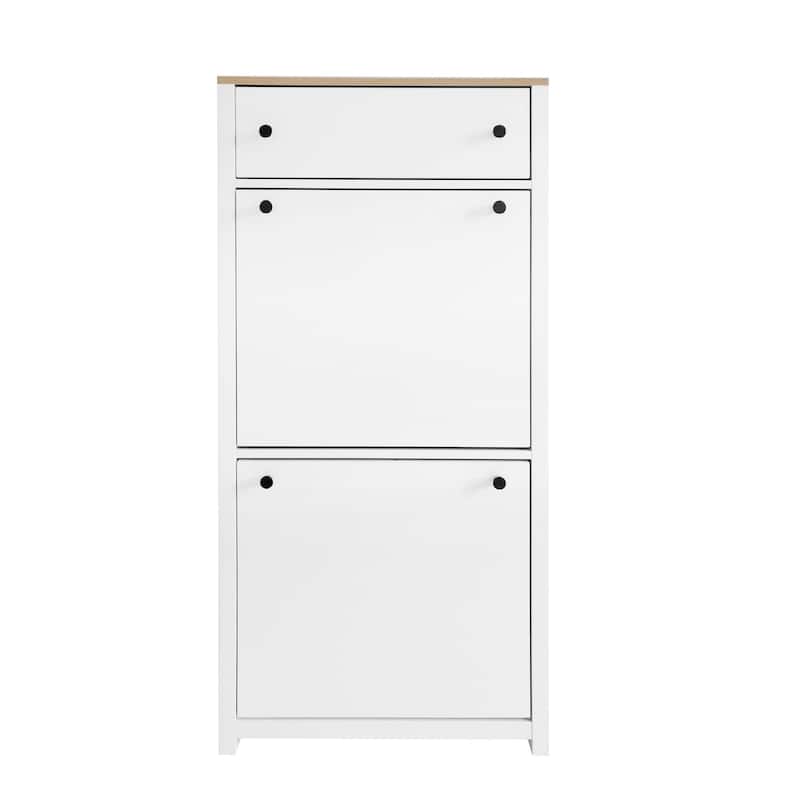 Roomfitters Narrow Shoe Cabinet Set with 4 Flip Compartments, Tipping Bucket Organizer with Adjustable Shelves