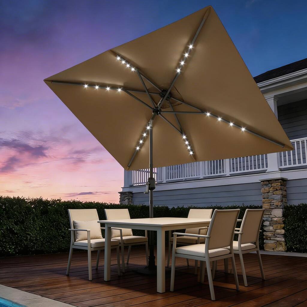 10 x 6.5 ft Solar Rectangular Patio Umbrella, with LED Lights