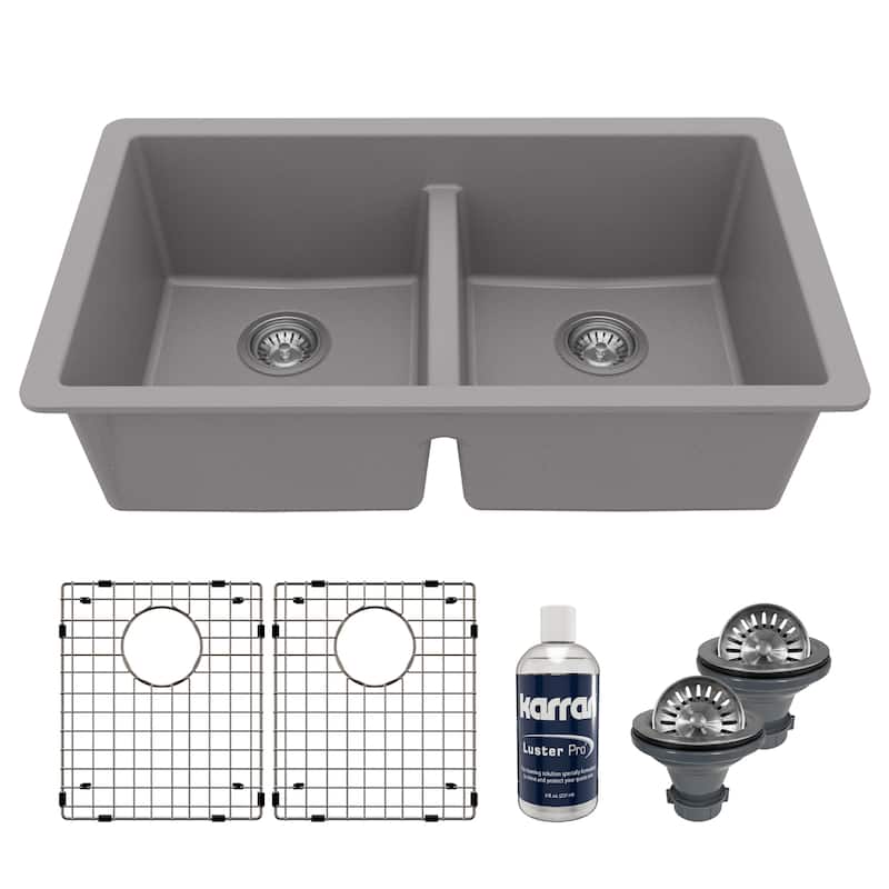 Karran 32" Undermount Double Equal Bowl Quartz Kitchen Sink Kit - 32" x 19.5" x 9" - Grey