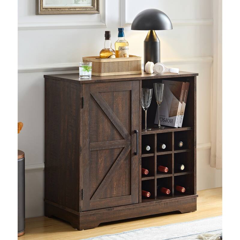 Wine Bar Cabinet for Liquor and Glasses, Farmhouse Coffee Bar, Cabinet with Wine Rack Barn Door Buffet Sideboard Cabinet