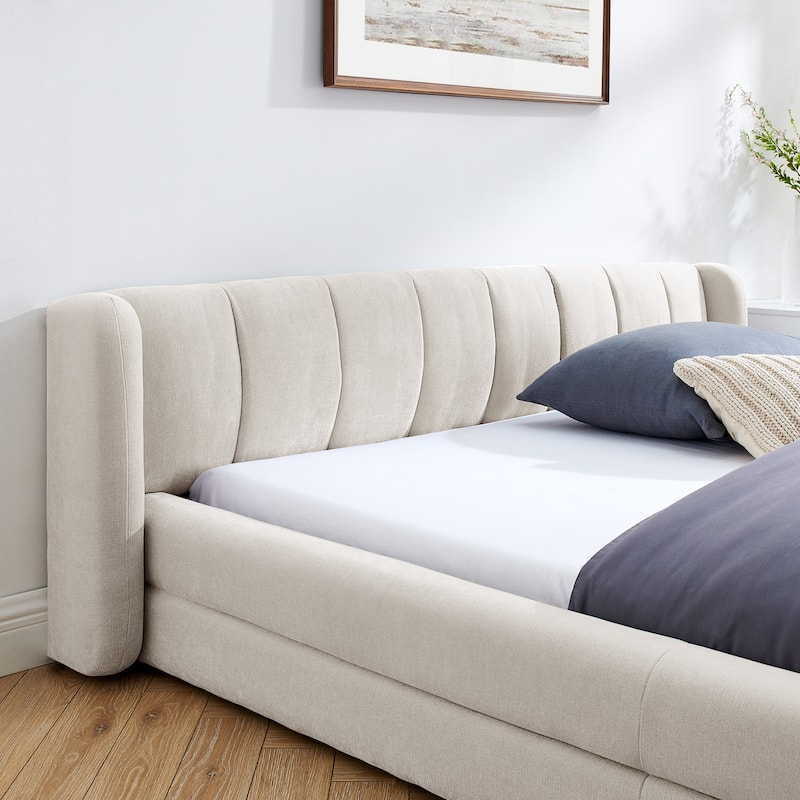 Queen Size Platform Bed Frame with Wingback Soft Headboard, Chenille Upholstered Grounded Wood Base Bed Frame, Easy Assembly