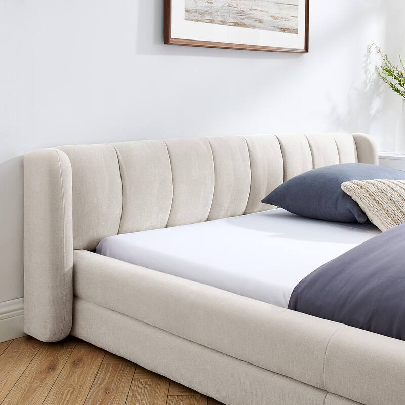 Queen Size Upholstered Bed Frame, Chenille Fabric Grounded Queen Size Platform Bed with Headboard and Solid Frame