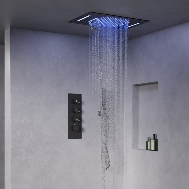 GRANDJOY LUXURY Shower System 22"x15" Ceiling Mount Rainfall & Waterfall Shower Head with Handheld Spray Como 64 Colors LED