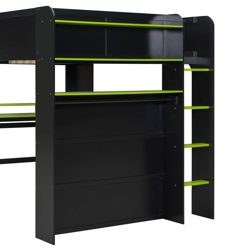 Full Size Wood Bunk Bed with Adjustable Desk, Wardrobe, Storage, and RGB Light in Green